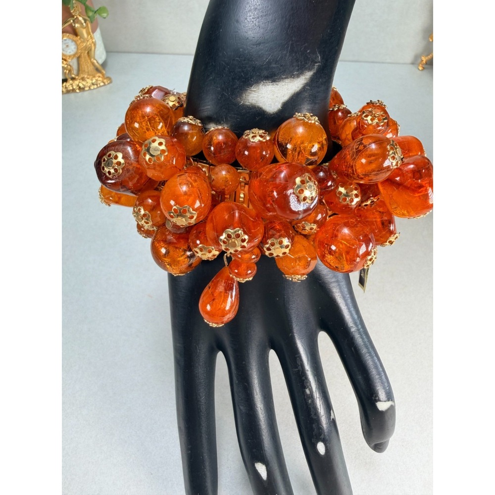 Gorgeous Orange Amber Lucite Beaded Cha Cha Cluster Stretch Bracelet Statement